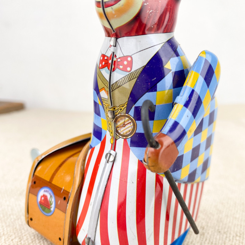 Jouet Ancien Tin Toys - Singe Mécanique Avec Valise, Tôle Métallique, TBE