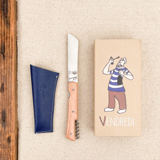 Le Vendredi folding knife in juniper with leather sheath