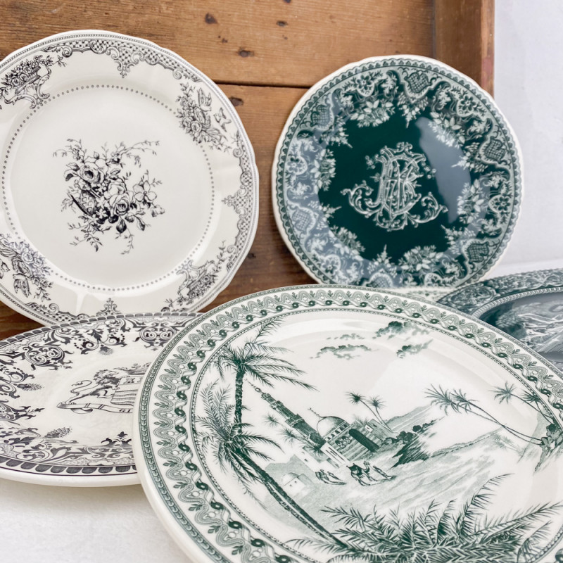 6 Gien green mismatched dessert plates