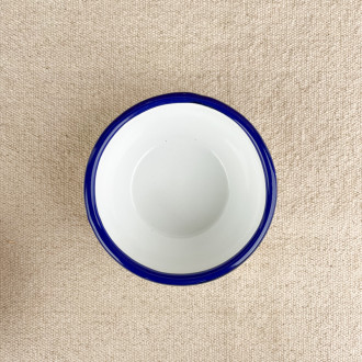 white and blue mini enamel bowl