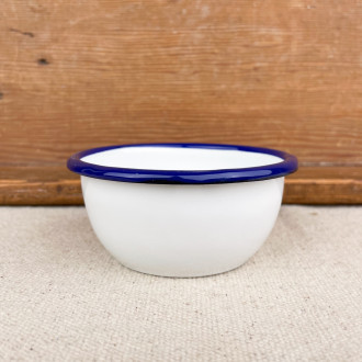 white and blue mini enamel bowl