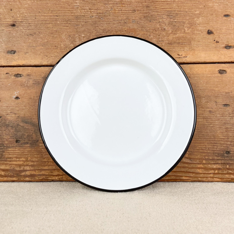 White enamel plate with black border 24cm