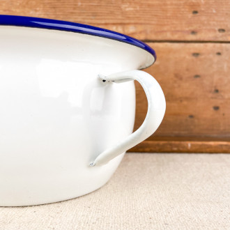 White enamel chamber pot with blue border