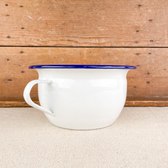 White enamel chamber pot with blue border