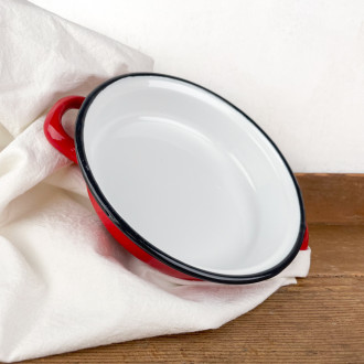 Red enamelled egg dish