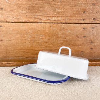 White enamel butter dish with blue border