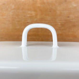 White enamel butter dish with blue border