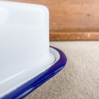 White enamel butter dish with blue border