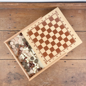 Coffret en bois jeu de dames et échecs Jeujura