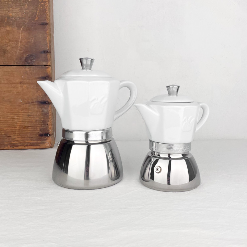 Cafetière italienne en porcelaine et inox 4 / 8 T