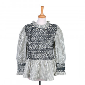 Blouse smockée blouse smockée rayée noire et écrue