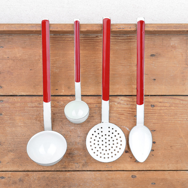 Ustensile de cuisine émail blanc liseré rouge