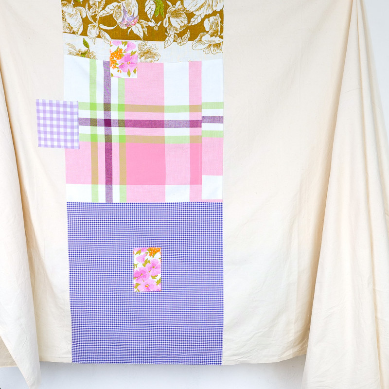 Nappe patchwork pièce unique rose bleu vert violet sépia