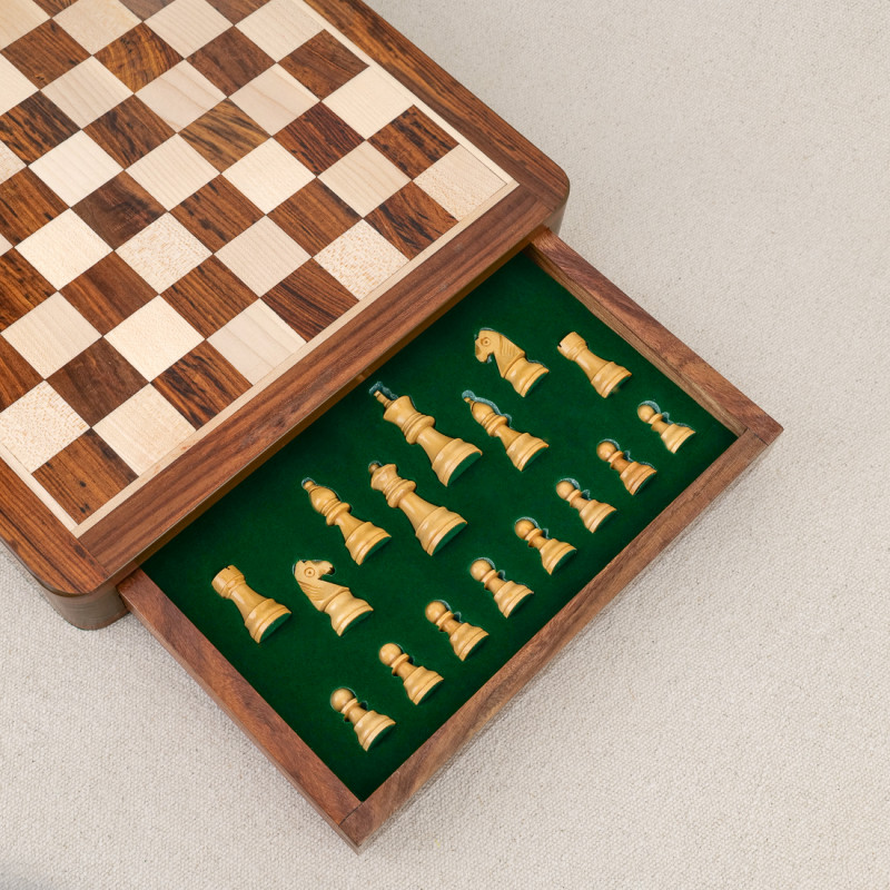 Wooden chessboard with drawers