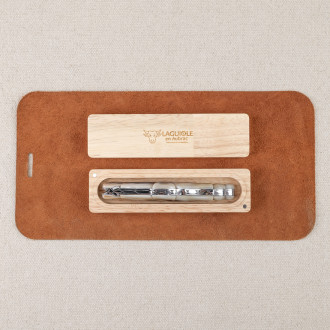 Laguiole stainless steel knife with horn pigeon wing handle in wooden box