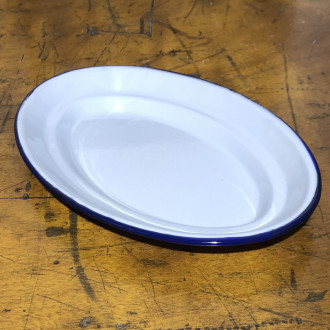 White enamel serving dish with blue border