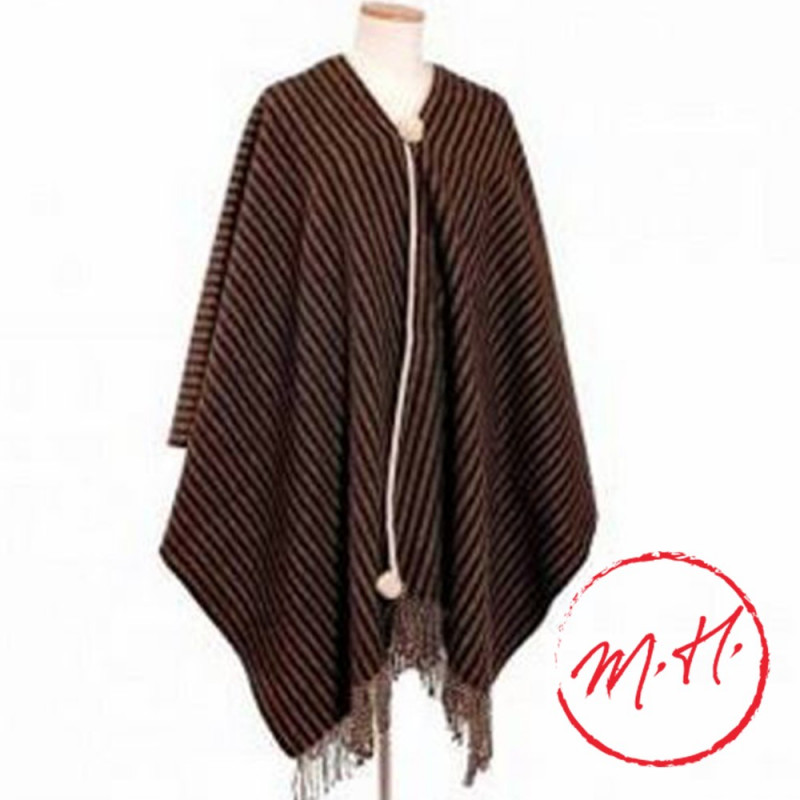 Striped wool poncho in chocolate/dark brown