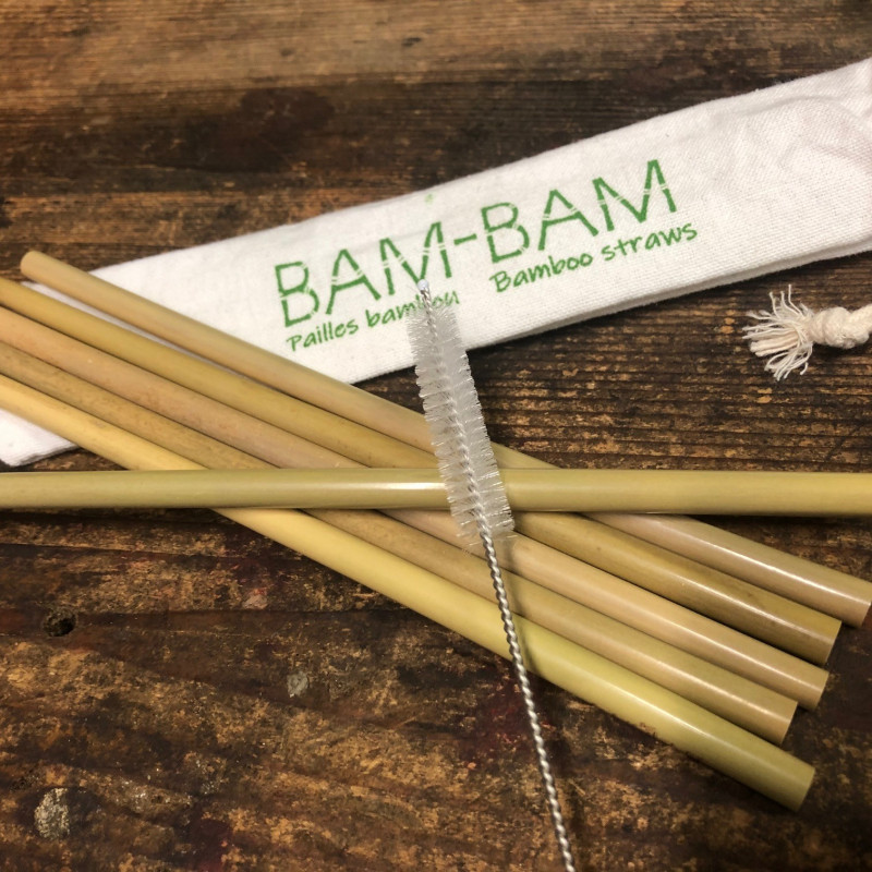 6 pailles en bambou dans un support en bambou - Livrées avec un