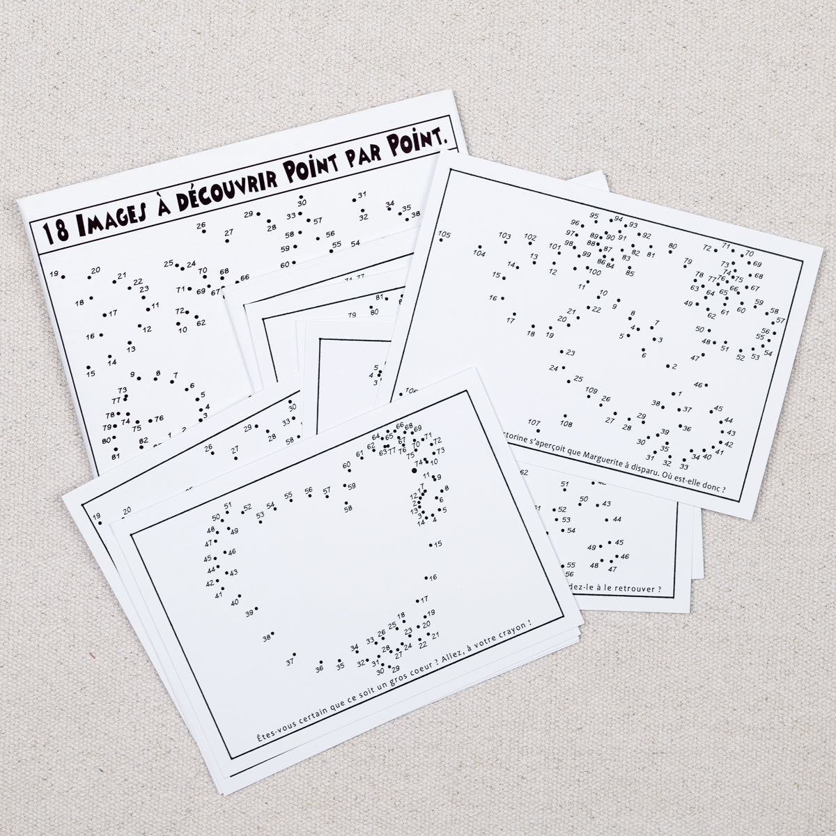 18 images à découvrir point par point, livre de points à relier en papier, jeu éducatif de Marc Vidal, feuilles numérotées