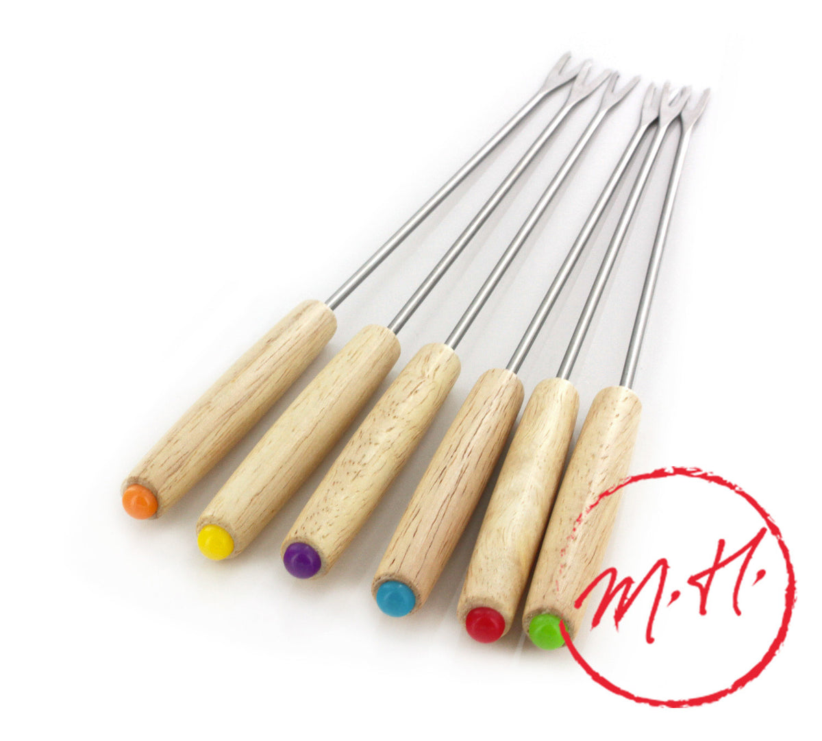 Set of 6 fondue forks with wooden handles