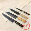 4 kitchen knives with handles of various species