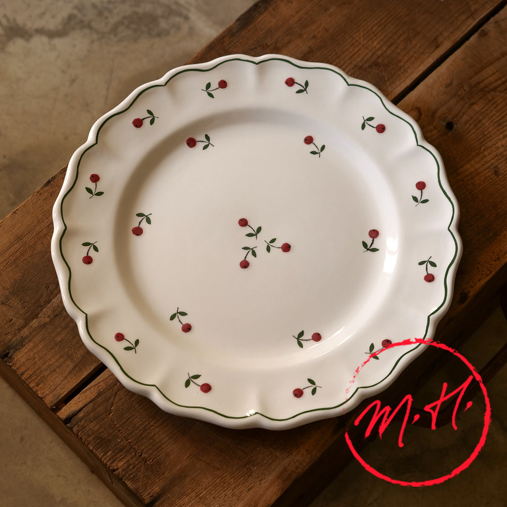 Holly serving platter, 14 in handmade French earthenware with red berries, green leaves and a scalloped rim