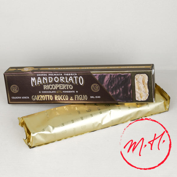 Barre aux amandes enrobée de chocolat Garzotto Rocco 180 g fabrication italienne, mandorlato ricoperto au chocolat noir 61%