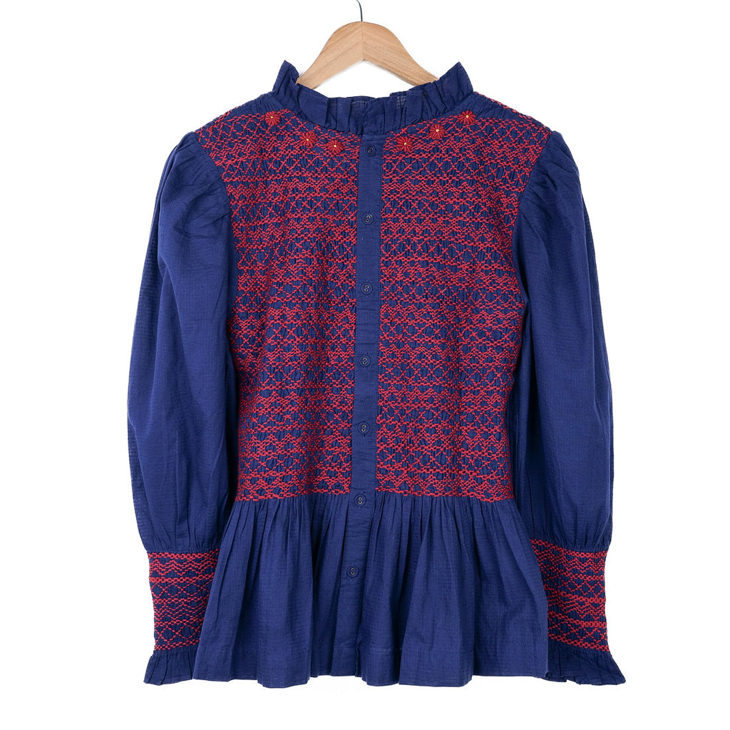 Navy smocked blouse