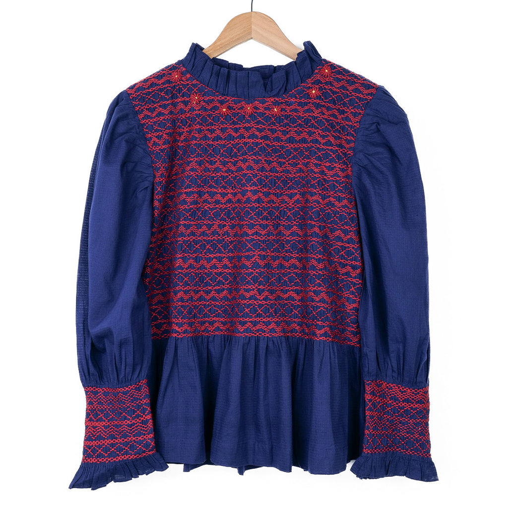 Navy smocked blouse