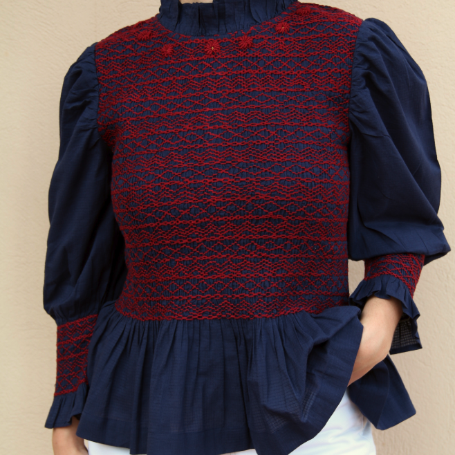 Navy smocked blouse
