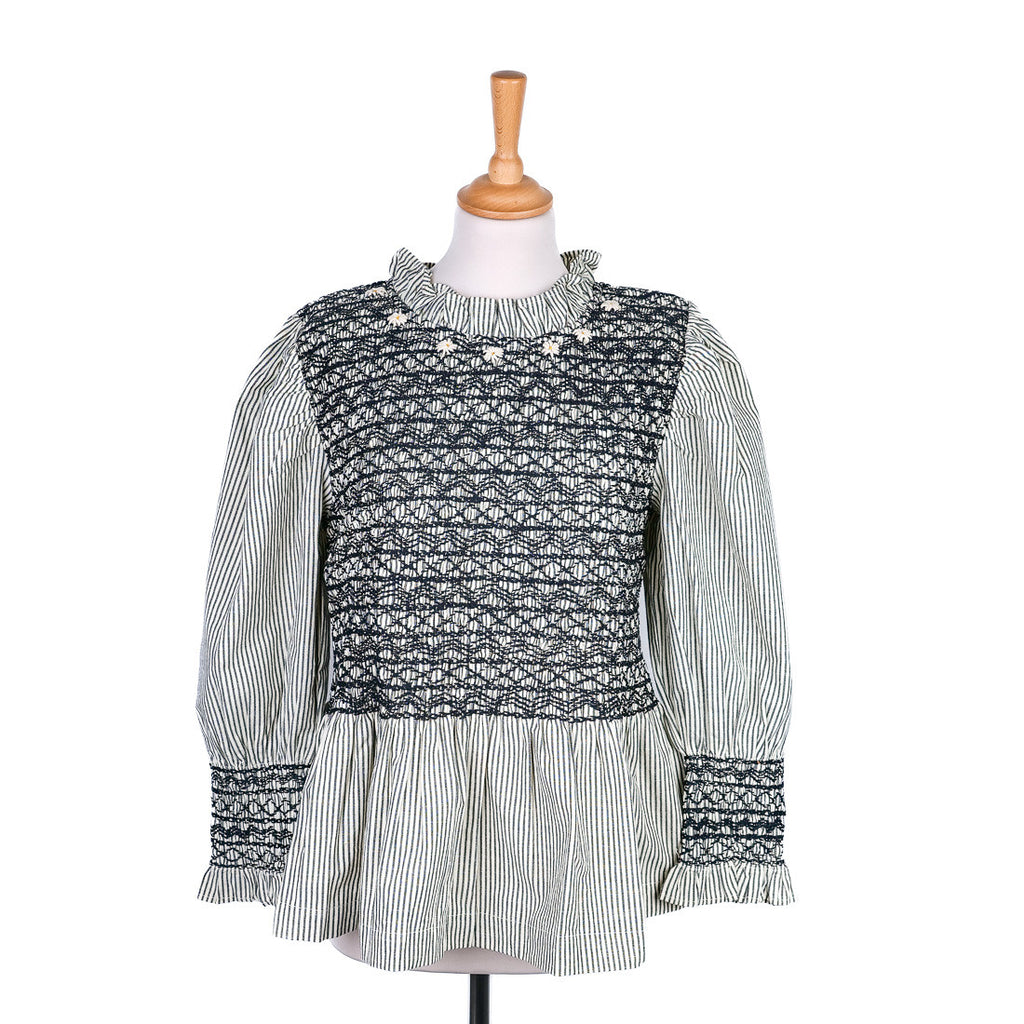 Black and ecru striped smocked blouse