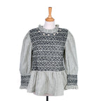 Black and ecru striped smocked blouse
