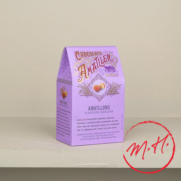 Bonbons Amattler amande caramélisée et chocolat blanc, fabrication espagnole, boîte lilas de 65 g