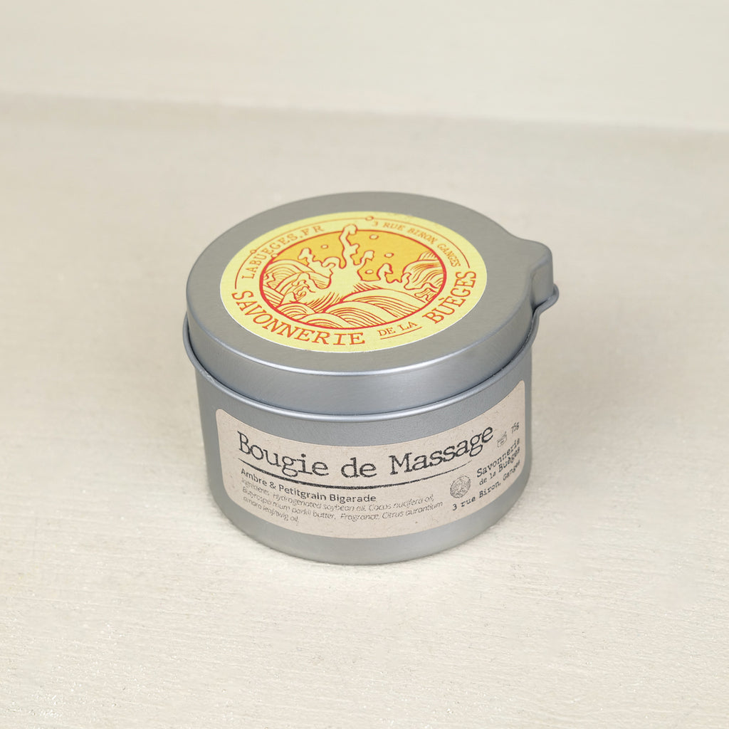 Massage candle with soy wax, shea butter and petitgrain bigarade, 75 g metal tin by Savonnerie de la Buèges