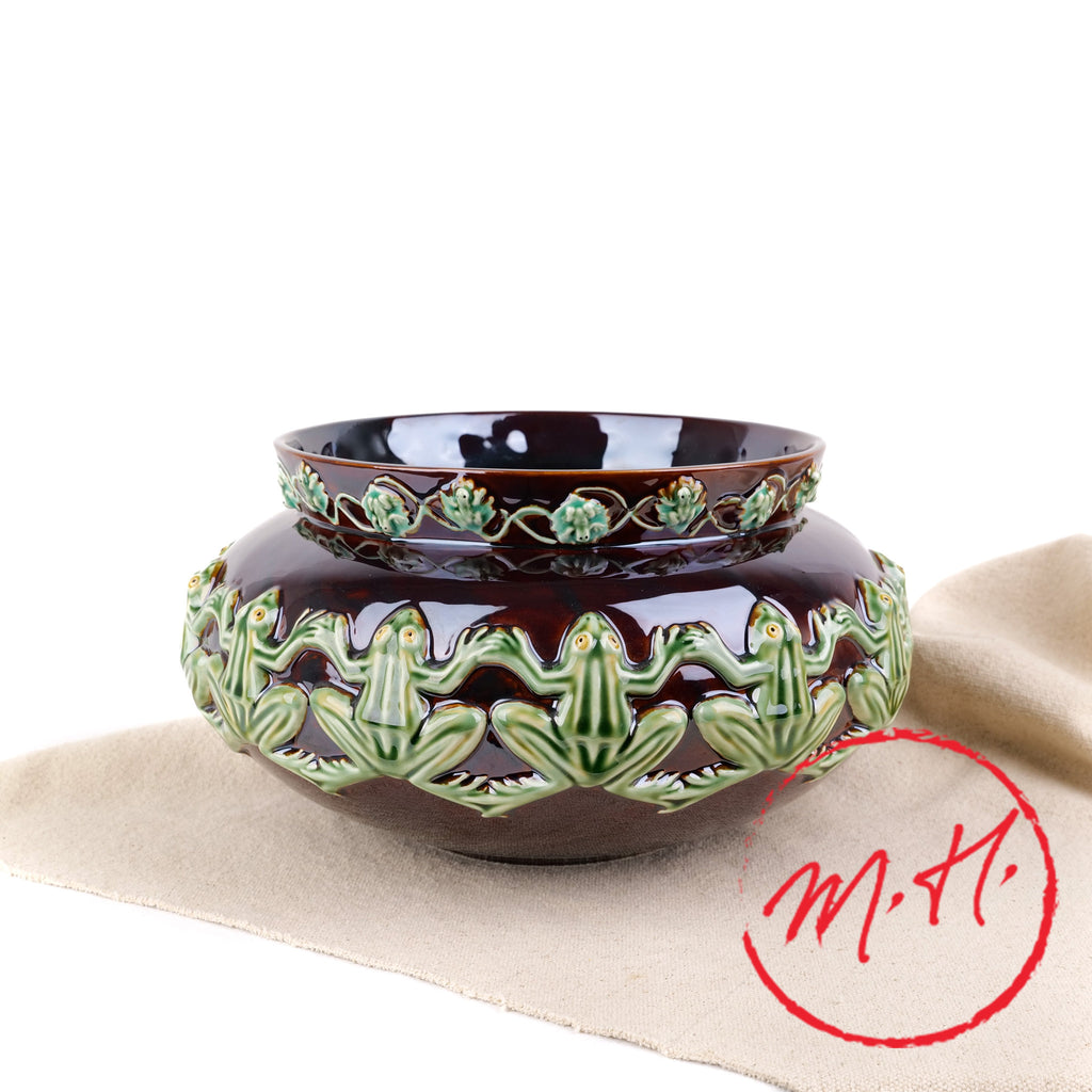 Terracotta pot cover with frog frieze