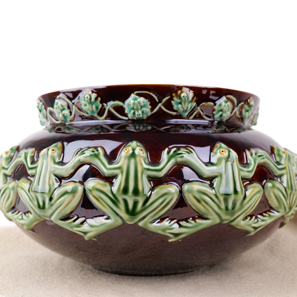 Terracotta pot cover with frog frieze