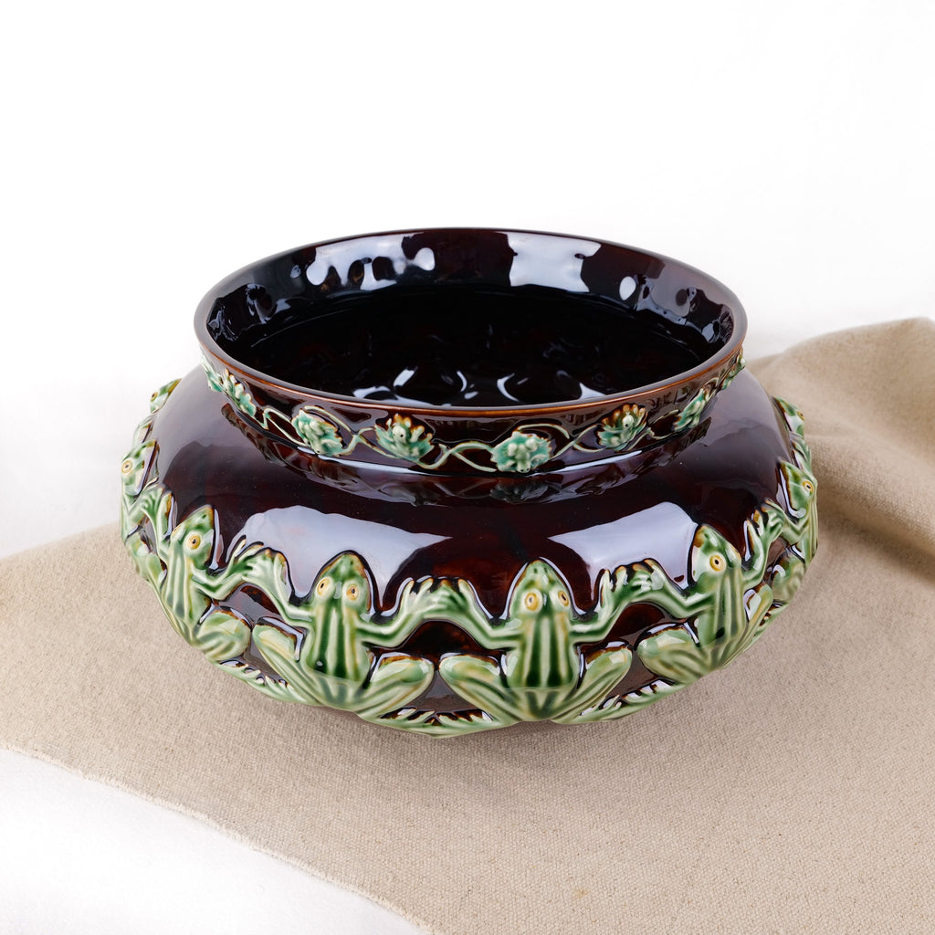 Terracotta pot cover with frog frieze