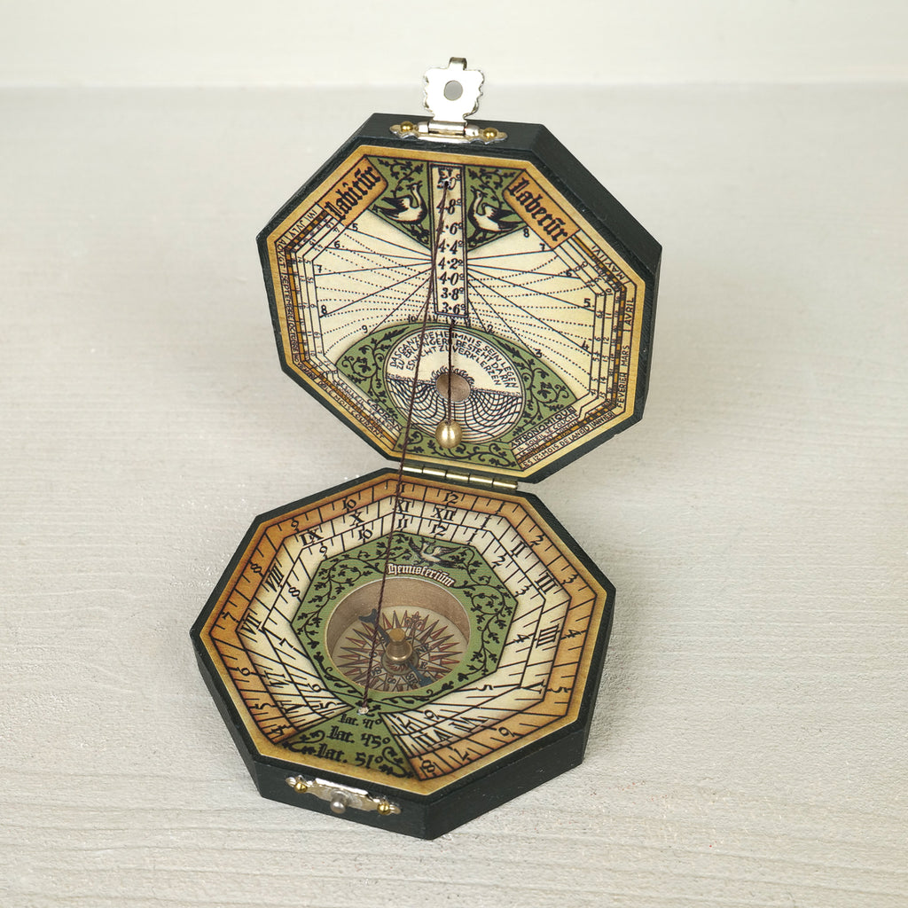 Brass pocket sundial with compass, Kepler-inspired diptych dial with two octagonal faces