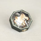 Brass diptych pocket sundial with compass, octagonal antique-style engraving and gilded needle