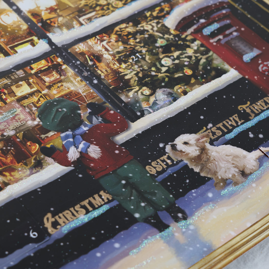 Christmas shop Advent calendar for adults, child and dog at a shop window, 52 x 38 cm, made in Germany