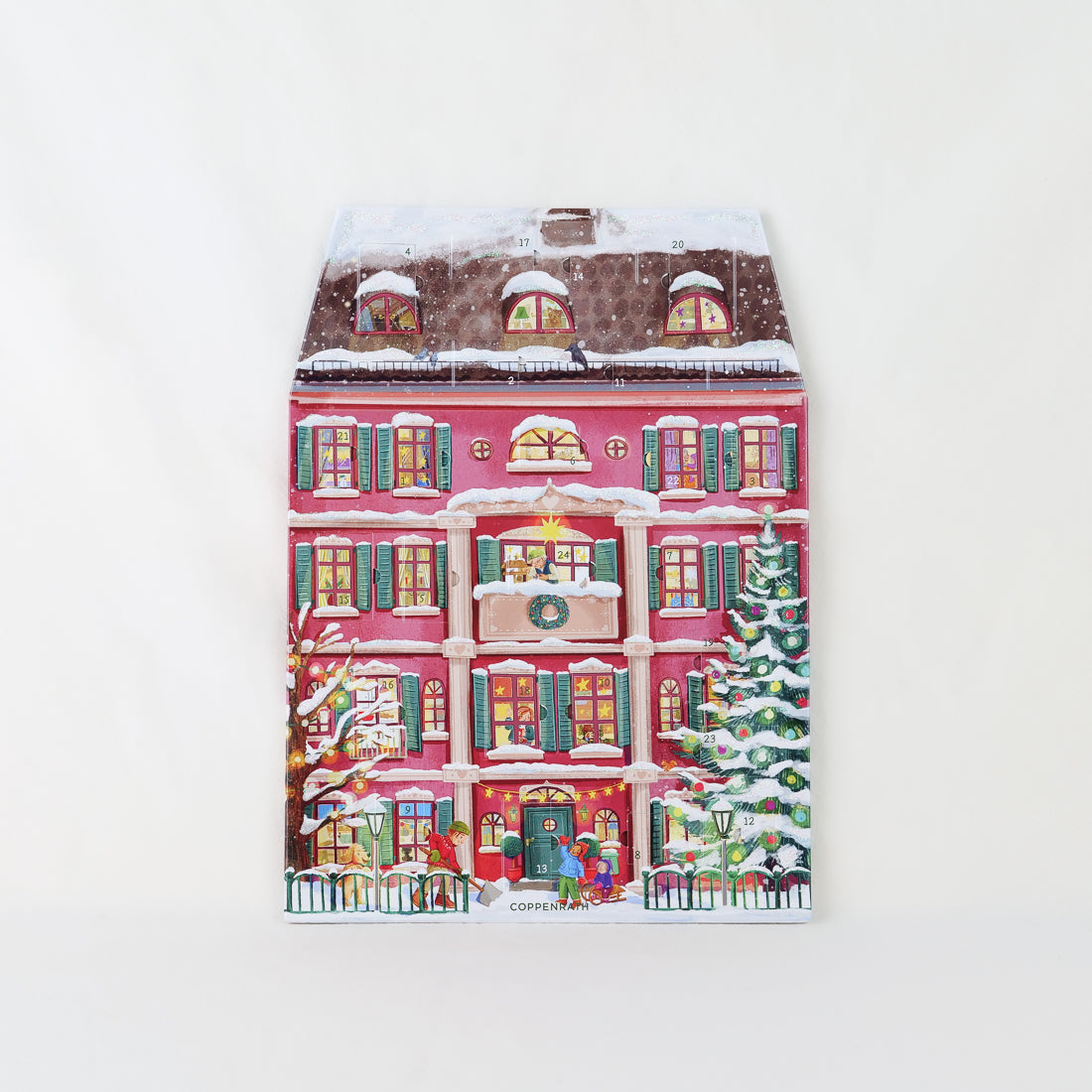 Calendrier de l'avent magnétique réutilisable à maison de Noël pliable, fabrication allemande, façade rouge enneigée