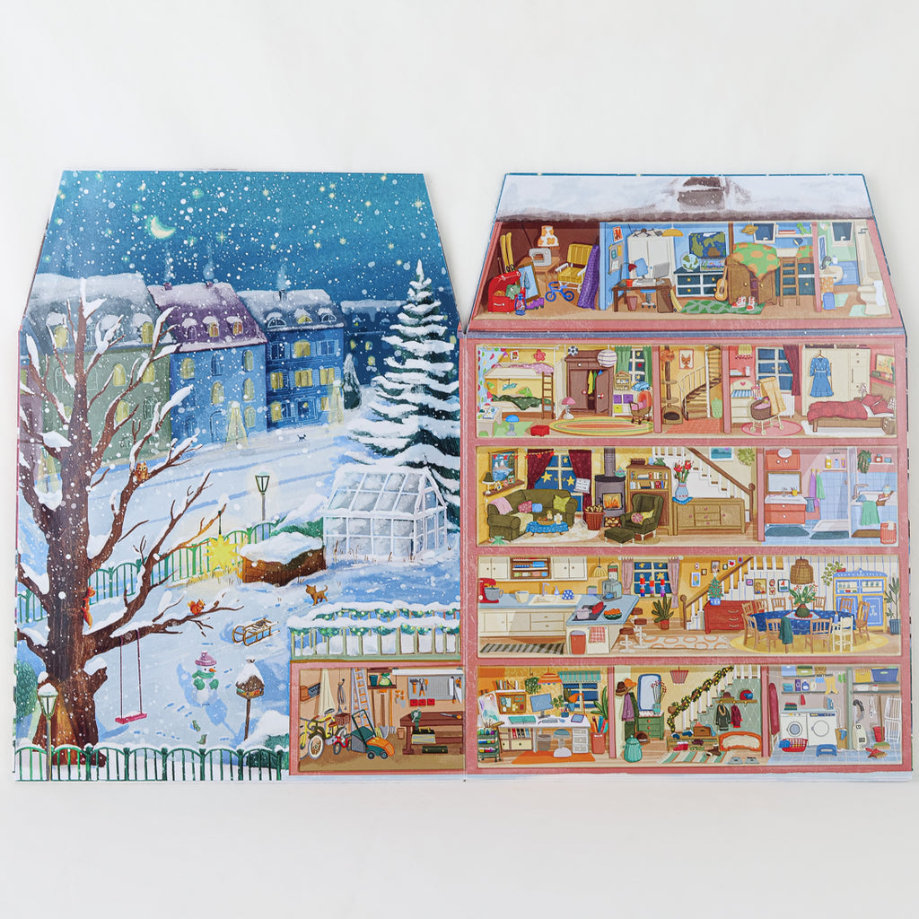 Calendrier de l'avent aimanté pour enfant, maison pliable déployée, village enneigé et pièces intérieures, jeu réutilisable