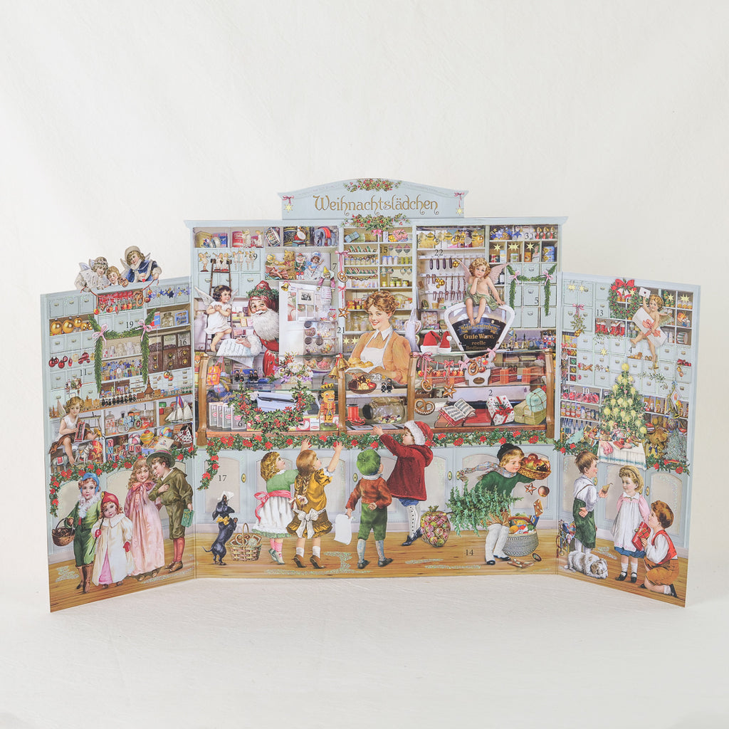 Calendrier de l'Avent tryptique boutique de Noël allemand à ouvrir, scènes rétro de Noël, compte à rebours, 58 x 33 cm