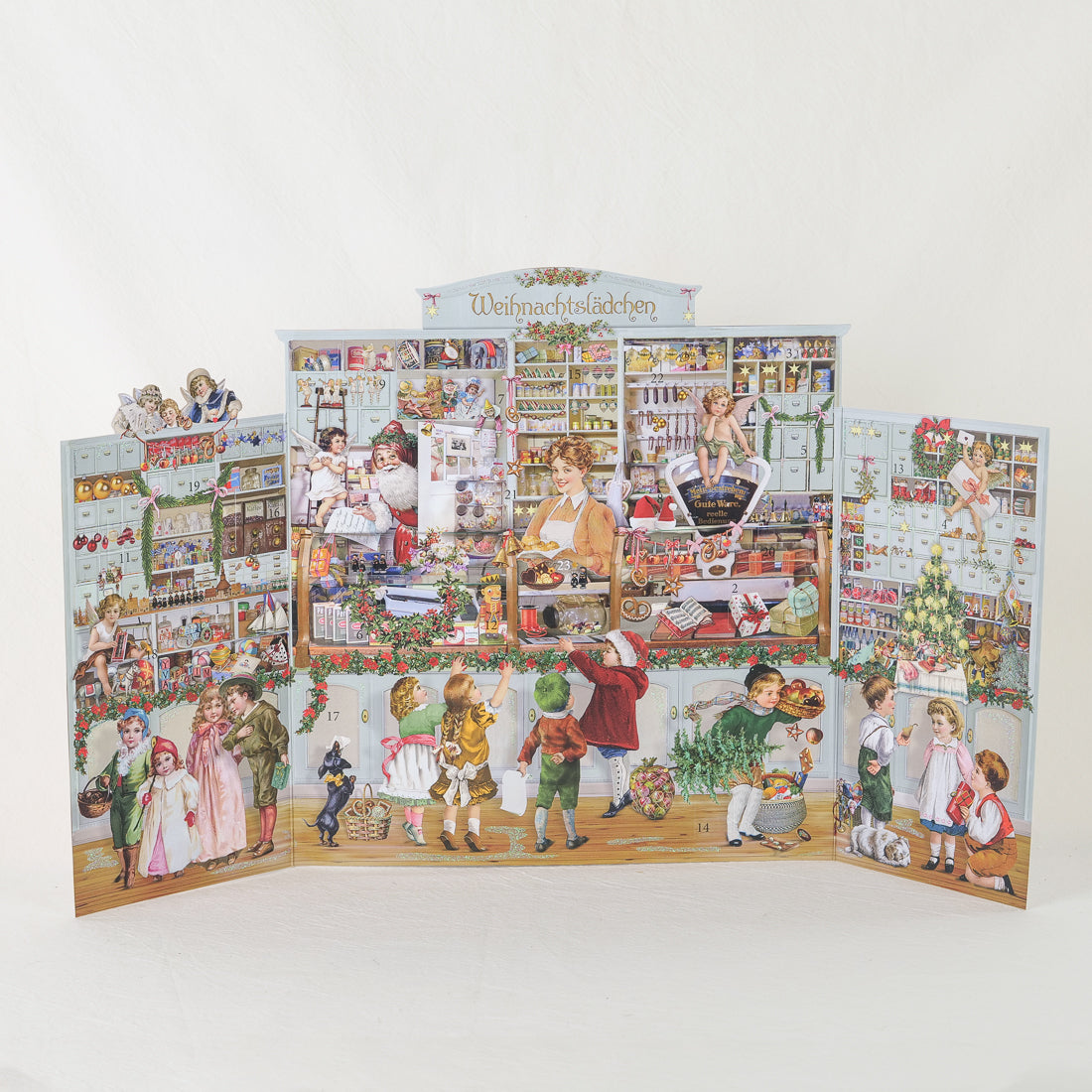 Calendrier de l'Avent tryptique boutique de Noël allemand à ouvrir, scènes rétro de Noël, compte à rebours, 58 x 33 cm