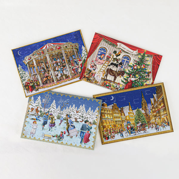 Carte de Noël allemande vintage à paillettes irisées avec enveloppe, quatre modèles d'illustrations d'hiver différents