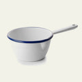 Conical saucepan in white enamel with blue rim