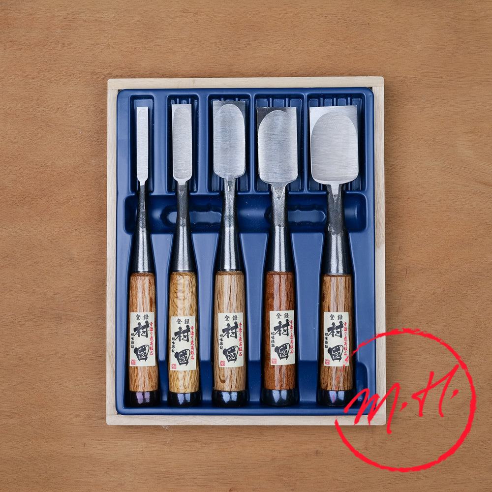 Murakuni 5-piece Japanese bench chisel set, hand-forged Hitachi white paper steel blades, red oak handles