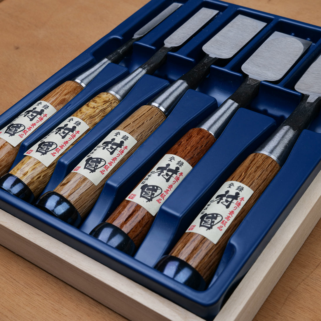 Murakuni oire nomi set of 5, Hitachi white paper steel, labeled red oak handles, Japanese-made woodworking chisels