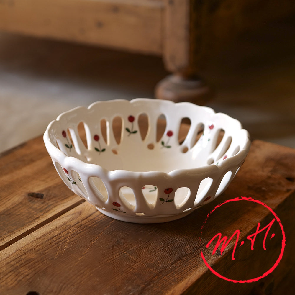 White earthenware openwork fruit basket with red holly motifs, handmade in France, 20 cm (8 in) wide