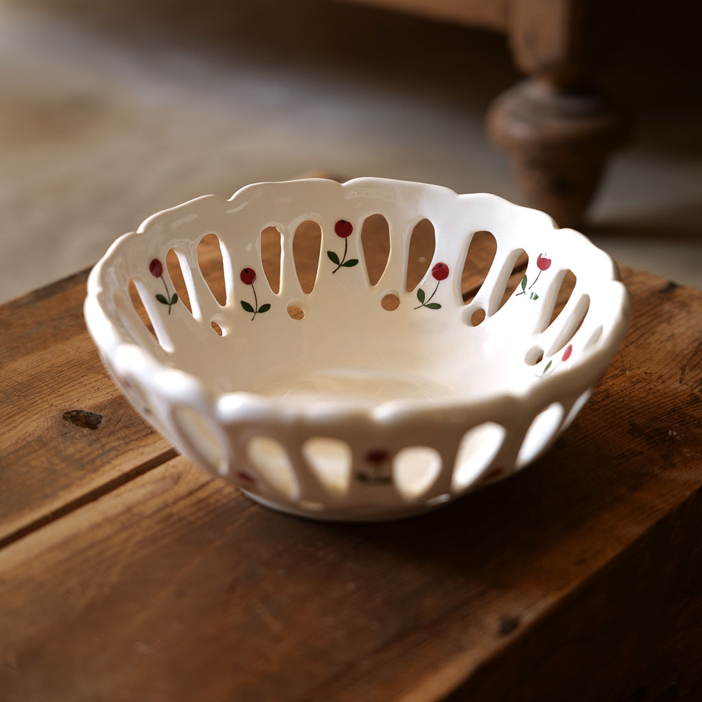 Openwork holly fruit basket in Sicard faience by Les Deux Provençales, handmade French ceramic, 20 cm (8 in)